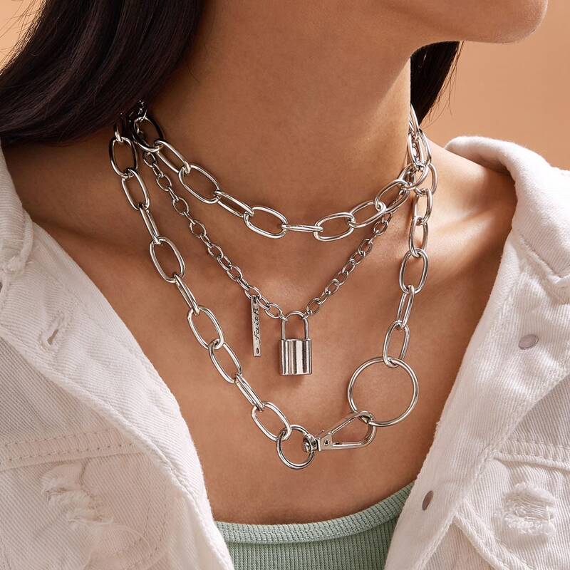 

3pcs Lock & Bar Chain Necklaces, Silver