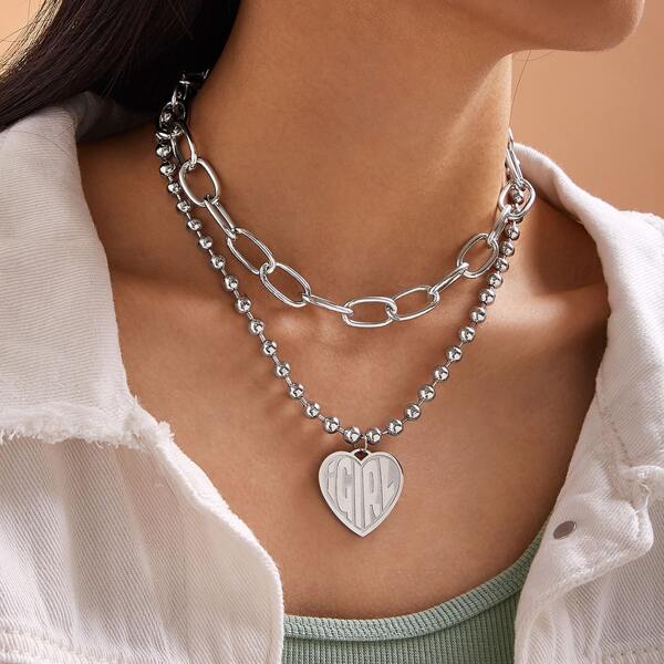 

2pcs Heart Charm & Chain Necklace, Silver