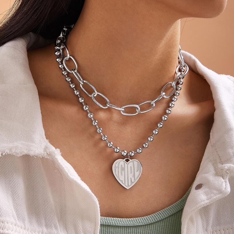 

2pcs Heart Charm & Chain Necklace, Silver