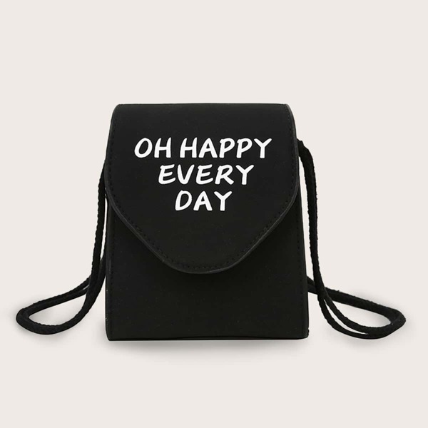 

Slogan Print Flap Crossbody Bag, Black