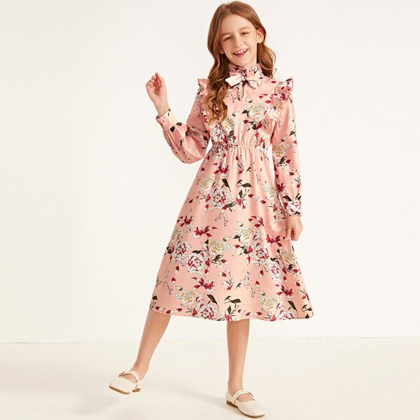 

Girls Frill Mock Neck Ruffle Detail Lantern Sleeve Floral Dress, Baby pink
