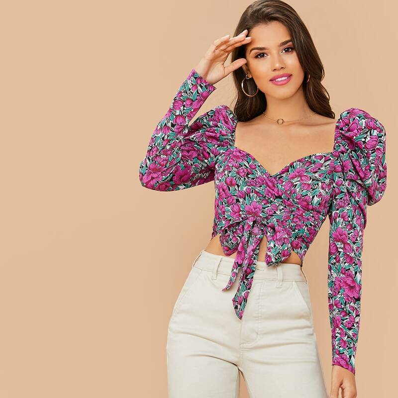 

Gigot Sleeve Wrap Belted Floral Blouse, Multicolor
