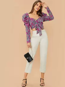 SHEIN 羊腿袖圍裹腰帶花卉襯衫 - 彩色 - 查看 5