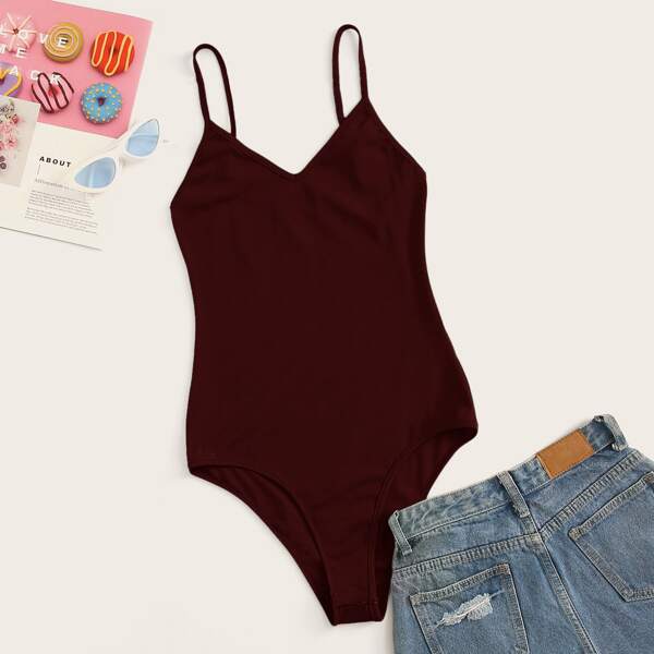 

Solid Skinny Cami Bodysuit, Burgundy