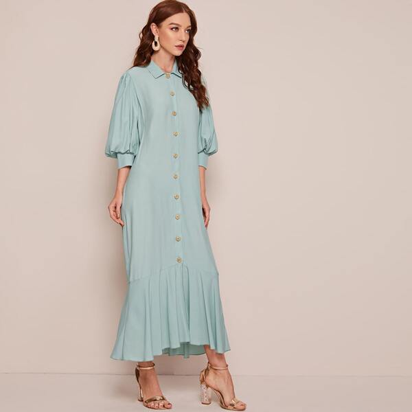 

Button Front Ruffle Hem Shirt Dress, Green pastel