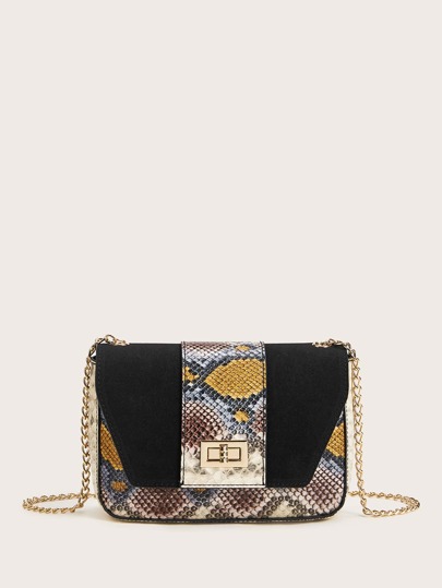 Twist Lock Snakeskin Chain Bag
