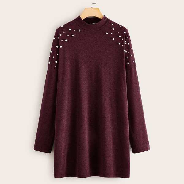

Pearls Beaded Drop Shoulder Tee Dress, Burgundy