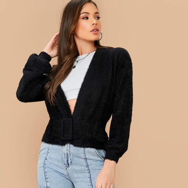 

Solid Buckle Belted Fuzzy Cardigan, Black
