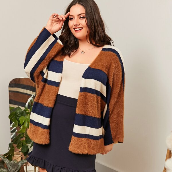 

Plus Open Front Colorblock Fuzzy Cardigan, Multicolor