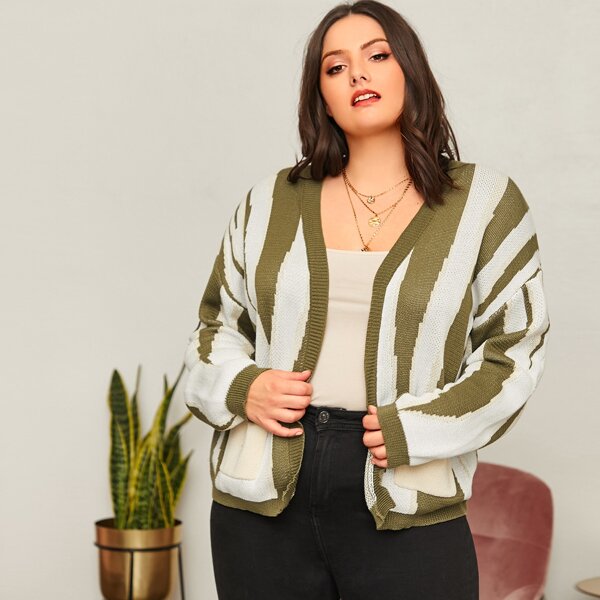 

Plus Open Front Patch Pocket Colorblock Cardigan, Multicolor