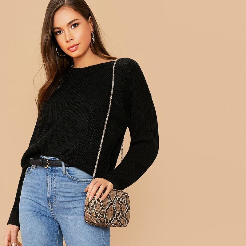 

Solid Drop Shoulder Sweater, Black