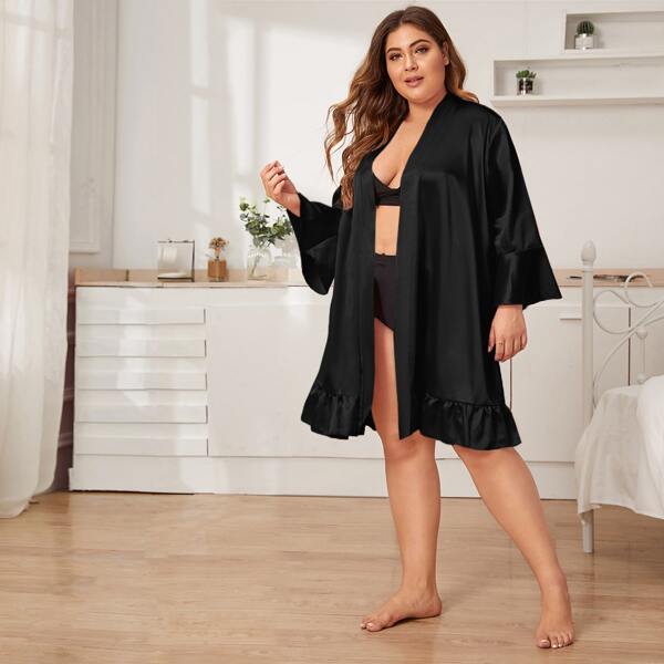 

Plus Ruffle Hem Satin Robe, Black