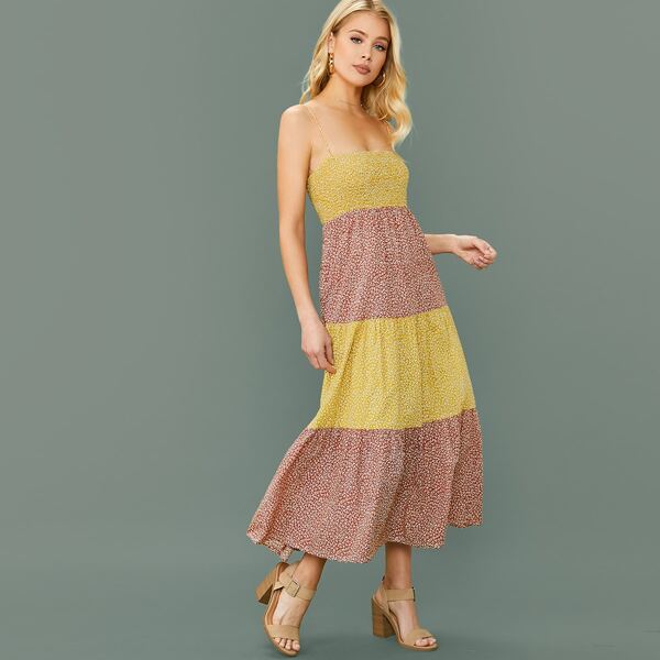 

Sleeveless Shirred And Smocked Floral Dress, Multicolor
