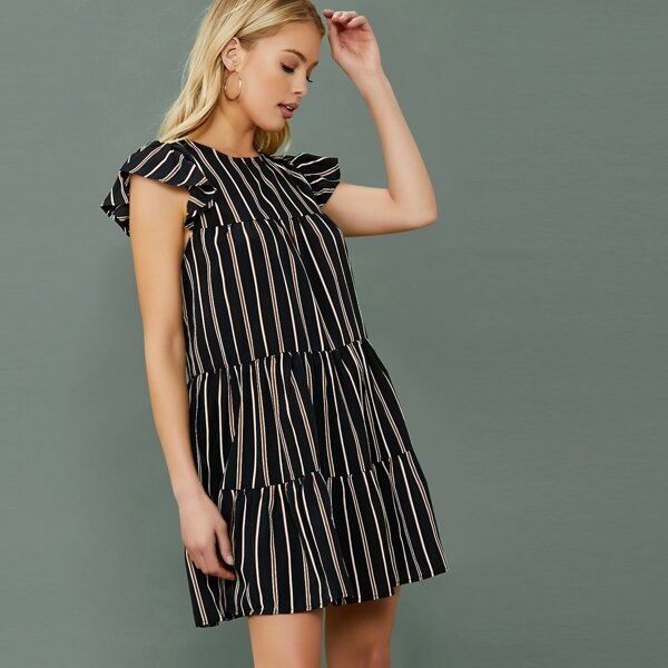 

Cap Sleeve Shirred Ruffle Stripe Mini Dress, Black