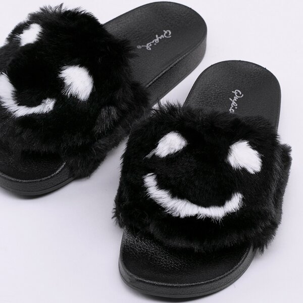 

Open Toe Face Detail Faux Fur Footbed Sandals, Black