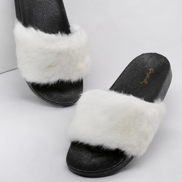 

Open Toe Faux Fur Footbed Slide Sandals, Black and white