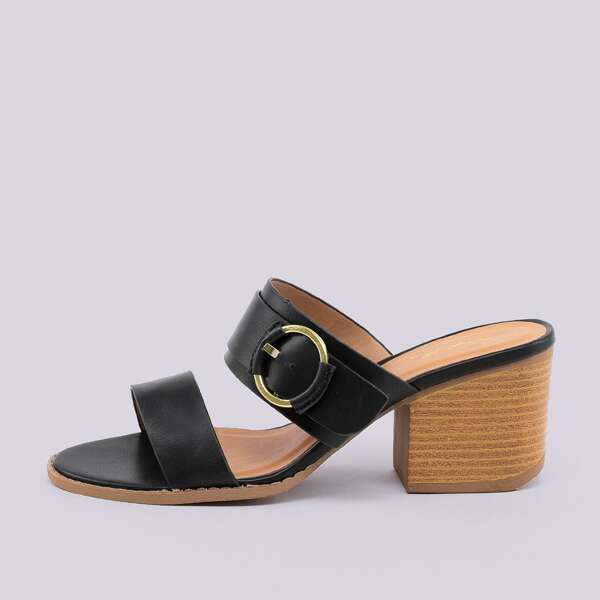 

Buckle Detail Double Band Stacked Heel Sandals, Black