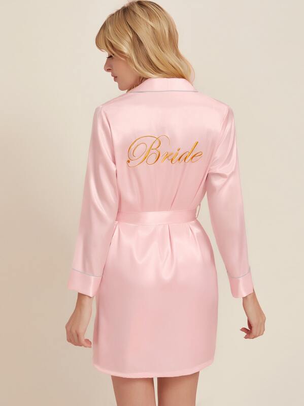 

Letter Embroidery Belted Satin Robe, Pink