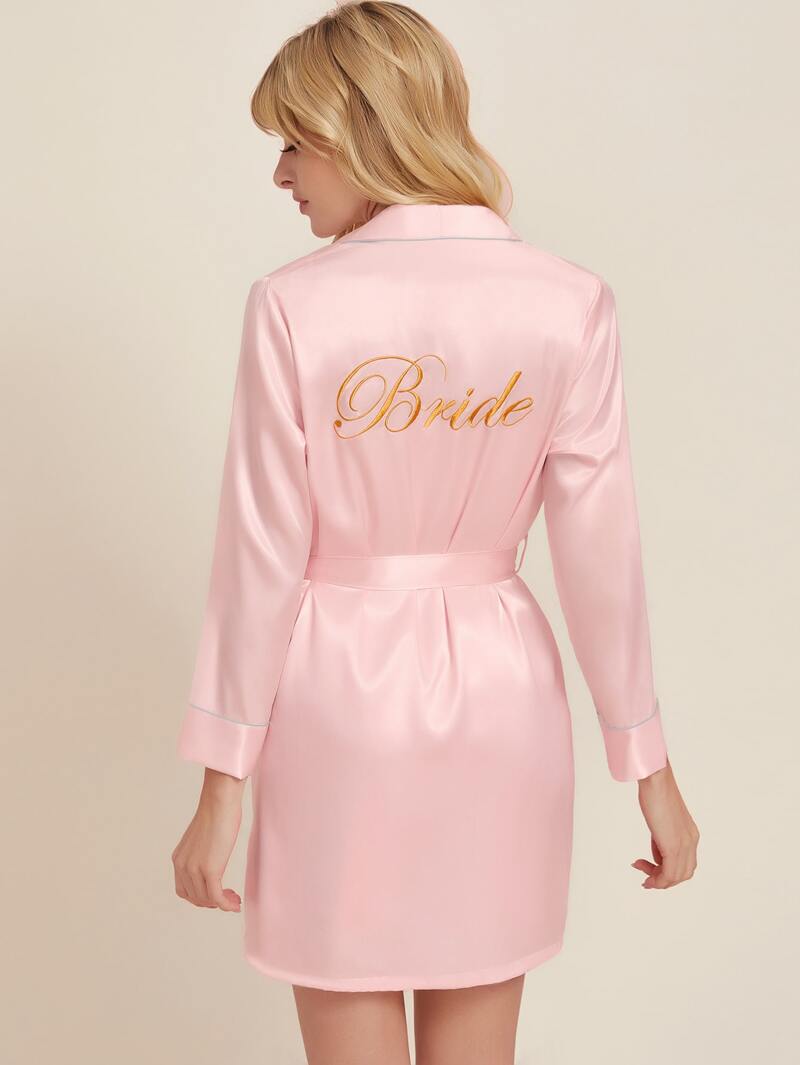 

Letter Embroidery Belted Satin Robe, Pink