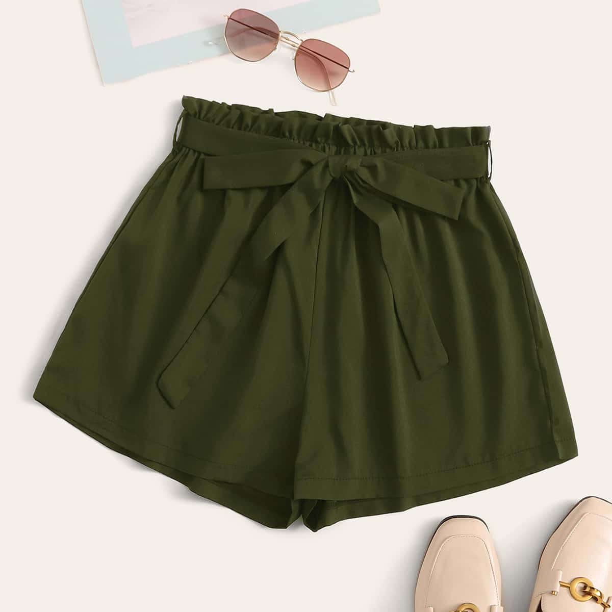 

Belted Paperbag Waist Shorts, Army green