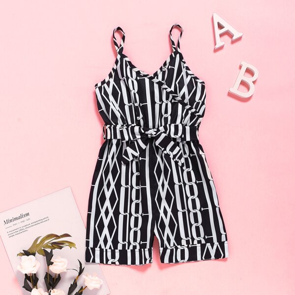 

Toddler Girls Self Tie Geo Print Cami Romper, Black and white