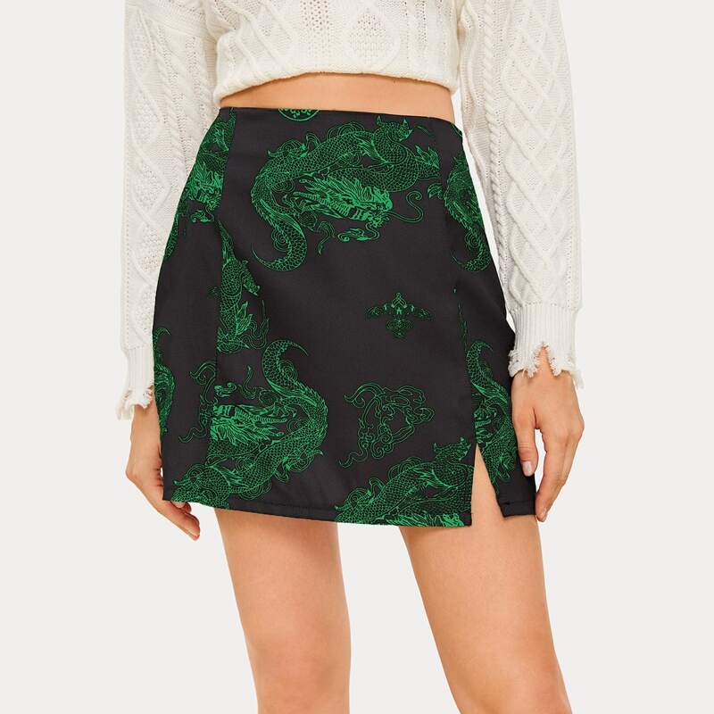 

Dragon Graphic Split Mini Skirt, Multicolor