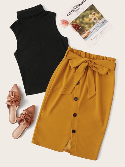 Turtleneck Vest & Paperbag Button Skirt