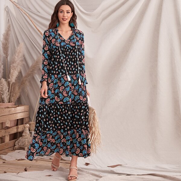 

Tassel Tie Neck Paisley Print Smock Dress, Multicolor