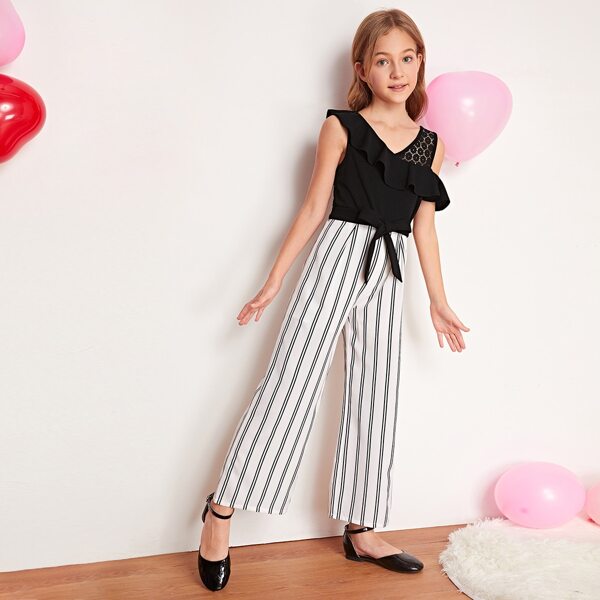 

Girls Lace Detail Flounce Trim Belted Striped Jumpsuit, Black and white