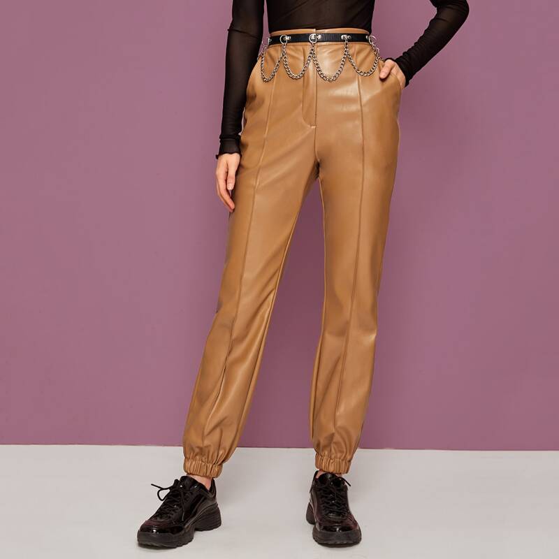 

Elastic Hem Seam Front Faux Leather Pants, Camel