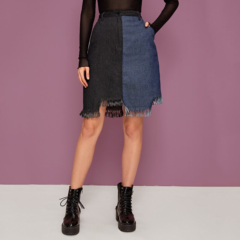 

Two Tone Fringe Trim Denim Skirt Without Belt, Multicolor