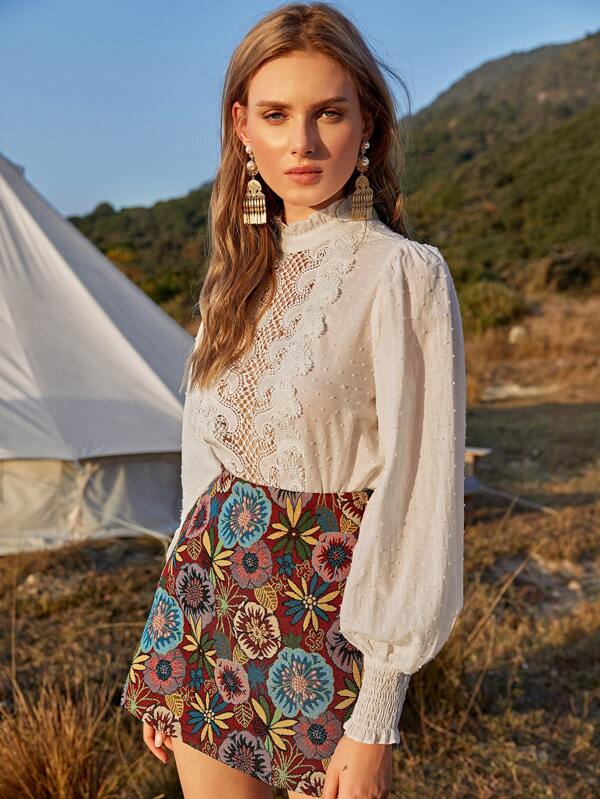 Da Donna in Pizzo Spalla Camicia con polsini raccolti