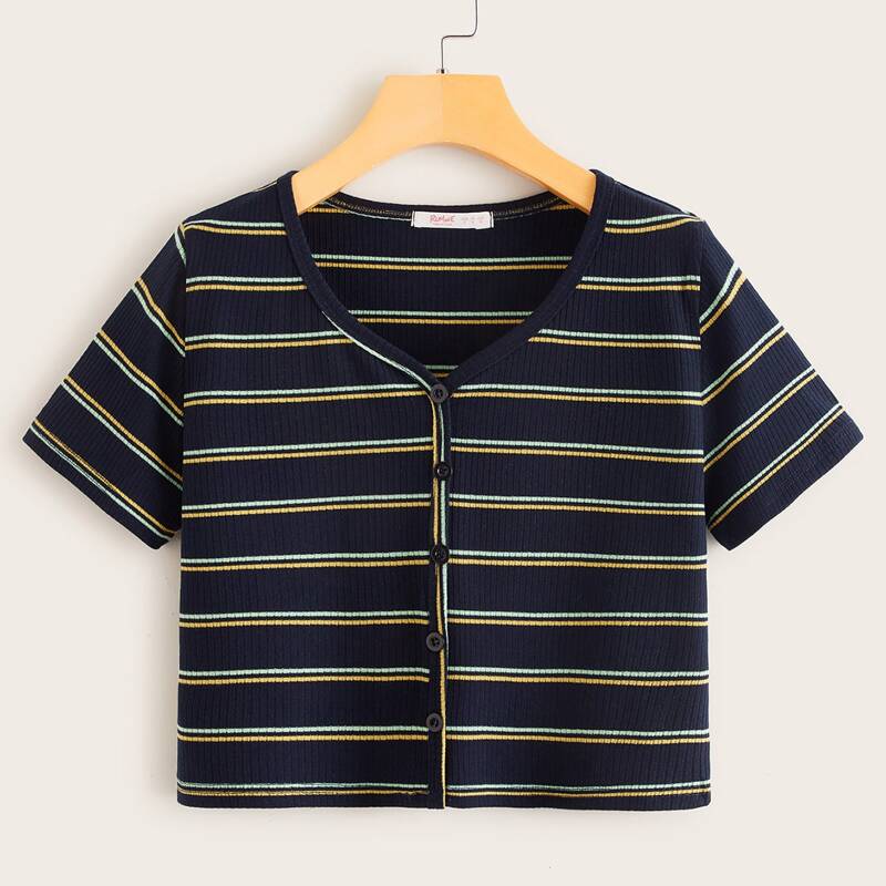 

Striped Button Front Tee, Multicolor
