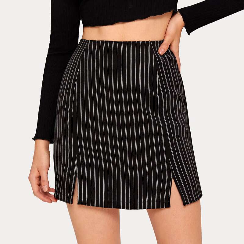 

Striped Split Mini Skirt, Black and white