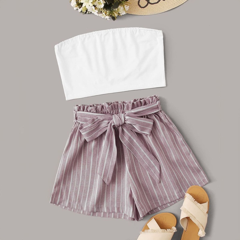 

White Tube Top & Striped Belted Shorts, Multicolor