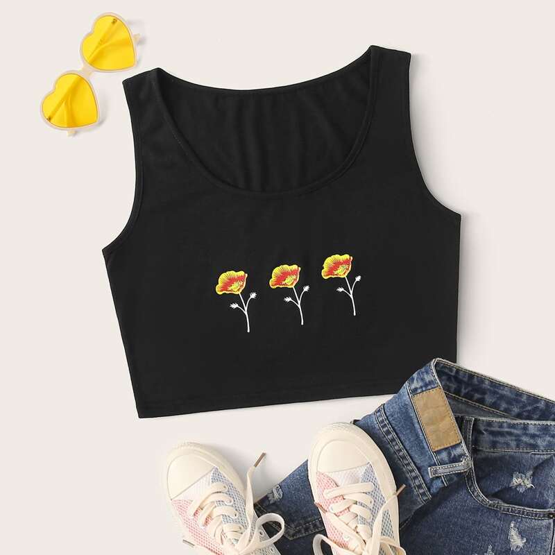 

Flower Graphic Crop Tank, Black