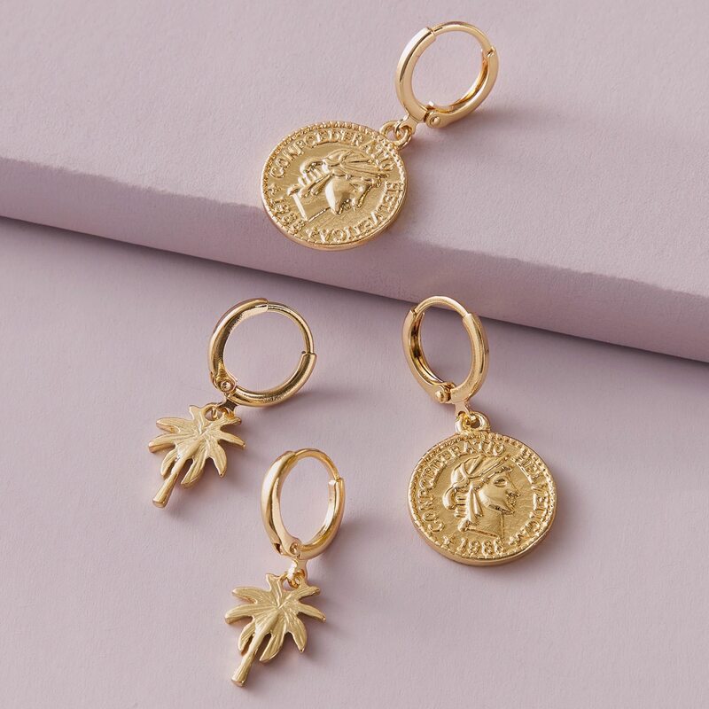 

2pairs Coconut Tree & Coin Drop Earrings, Gold