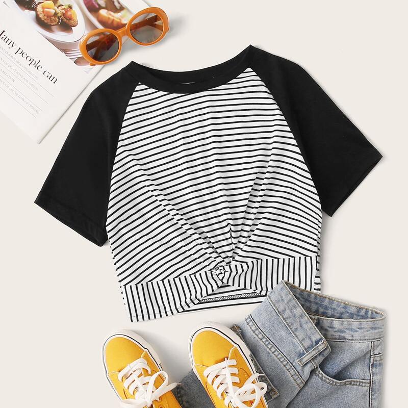 

Raglan Sleeve Striped Twist Front Tee, Black and white