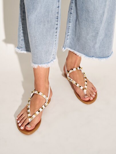 Studded Decor Ankle Strap Toe Post Sandals