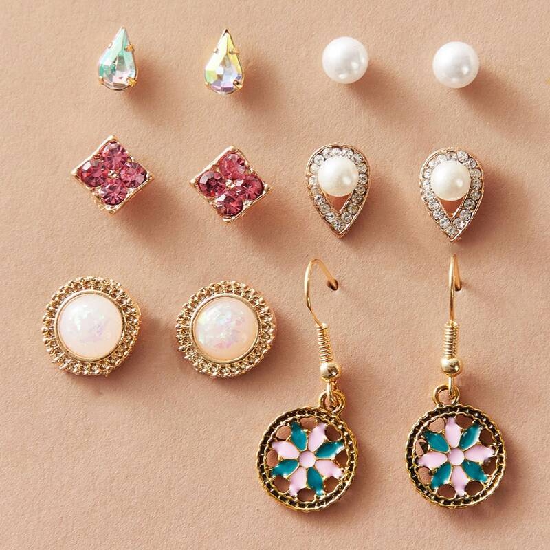 

6pairs Faux Pearl & Rhinestone Engraved Earrings, Multicolor