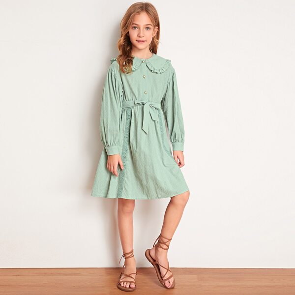 

Girls Ruffle Trim Collar Guipure Lace Detail Jacquard Dress, Green