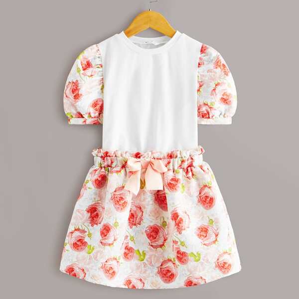 

Girls Puff Sleeve Floral Print Top & Paperbag Waist Skirt Set, Multicolor