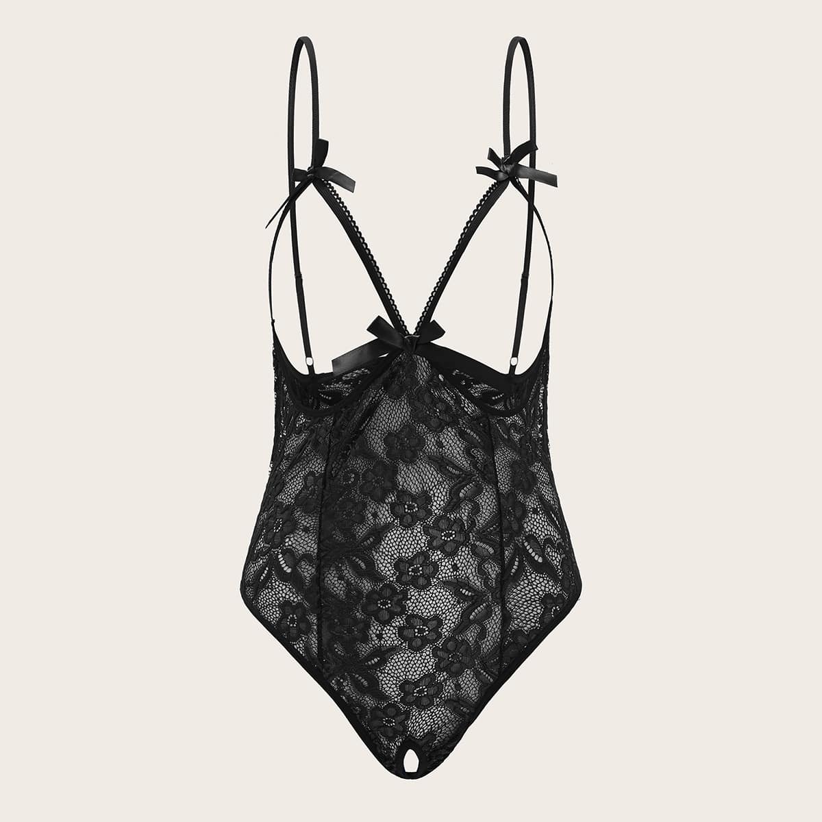 

Floral Lace Harness Teddy Bodysuit, Black