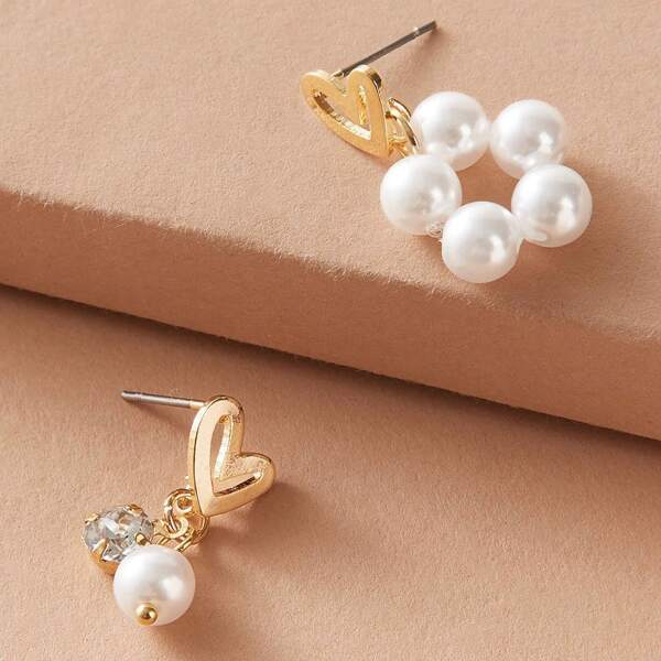 

1pair Heart Decor Faux Pearl Beaded Mismatched Drop Earrings, Multicolor