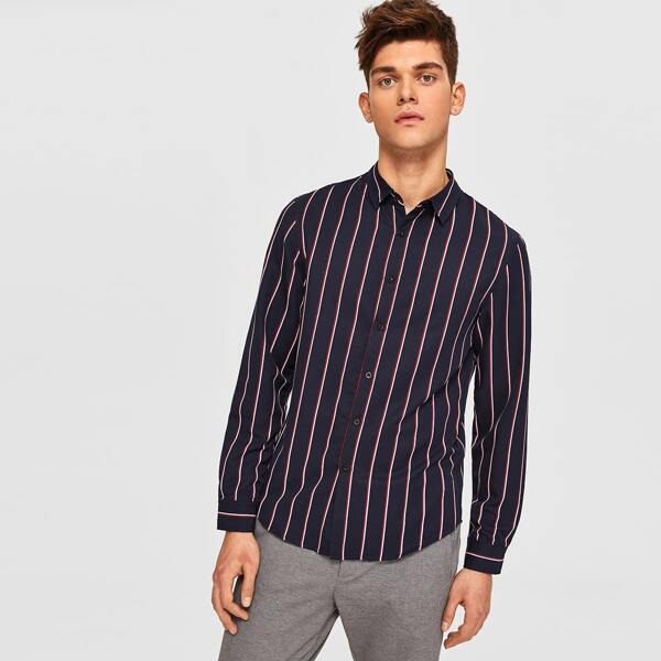 

Men Curved Hem Striped Shirt, Navy