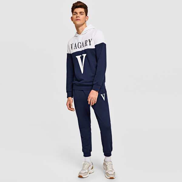 

Men Letter Graphic Colorblock Hoodie & Joggers Set, Navy