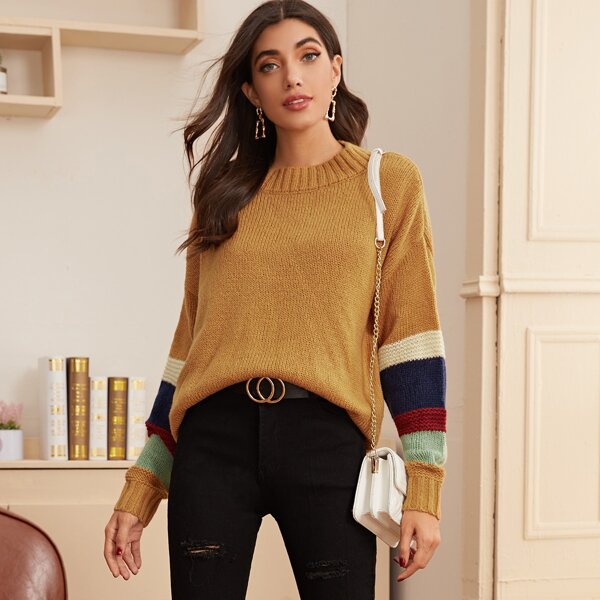 

Drop Shoulder Colorblock Sleeve Sweater, Camel