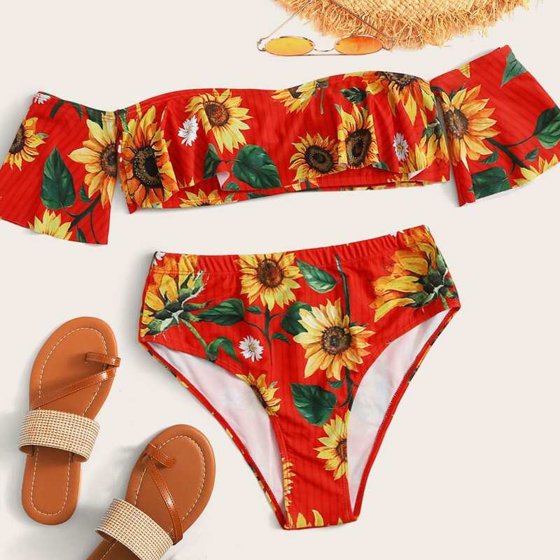 

Sunflower Ruffle Bardot With High Waist Bikini Set, Multicolor