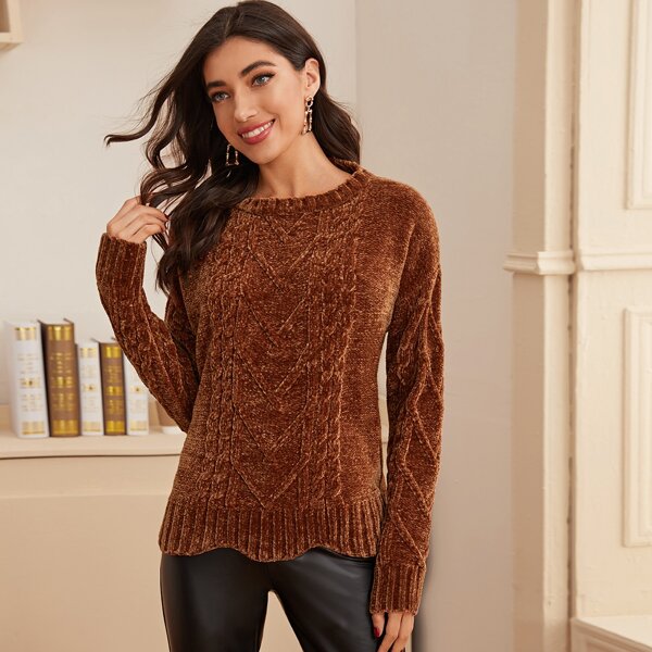 

Scallop Edge Cable Knit Chenille Sweater, Brown