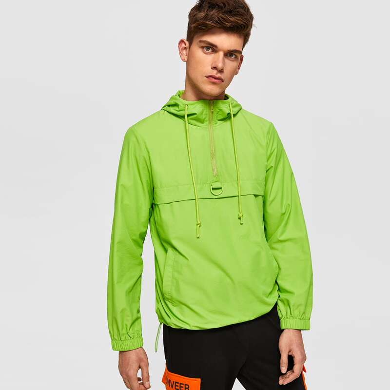 

Guys Neon Green Zip Half Placket Windbreaker Hoodie, Green bright